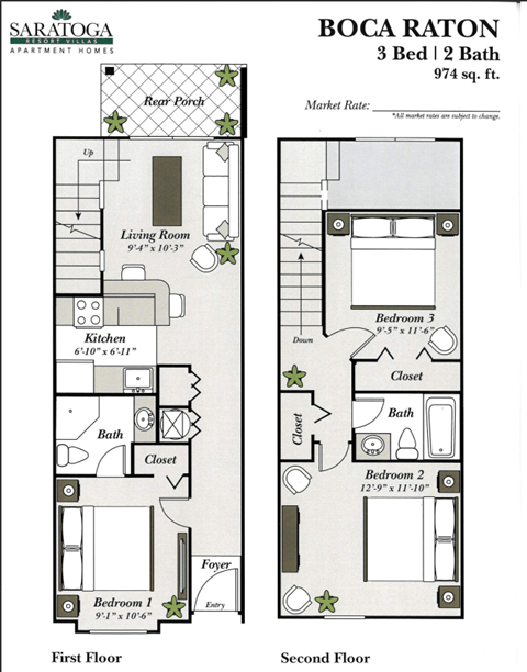 Floor plan for 3 beds, 2 baths, 974 sqft